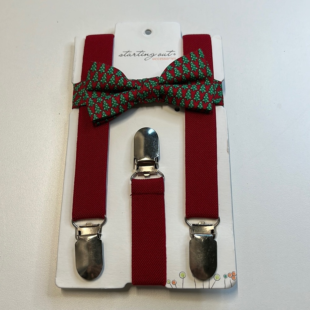 Starting Out Red Suspenders w/ Red & Green Christmas Tree Bow Tie, NWT!